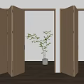 Open Wooden Folding Doors Sleek Designed In Modern Interior With Green Plant And Wood Floor
