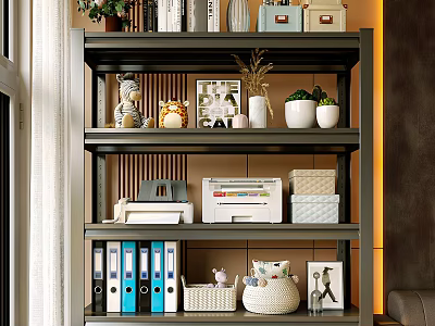 Multi Tiered Modern Storage Shelf With File Folders Decorative Items Storage Boxes And Printer 3d model