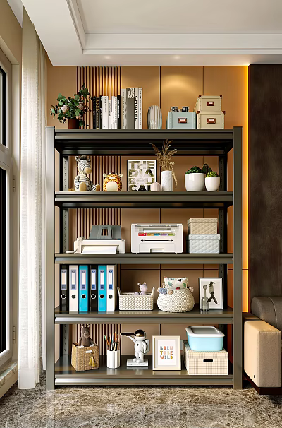 Multi Tiered Modern Storage Shelf With File Folders Decorative Items Storage Boxes And Printer 3d model