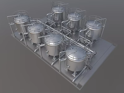 Industrial Stainless Steel Tank System With Pipes And Storage Vessels 3d model