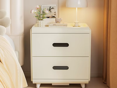 Cozy Bedroom Interior With White Nightstand Two Drawers Black Handles Table Lamp And Flowers 3d model