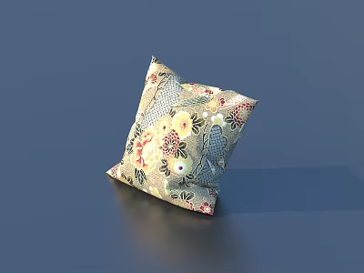 Decorative Throw Pillow With Vibrant Floral Pattern Yellow Red White Flowers On Blue Background 3d model