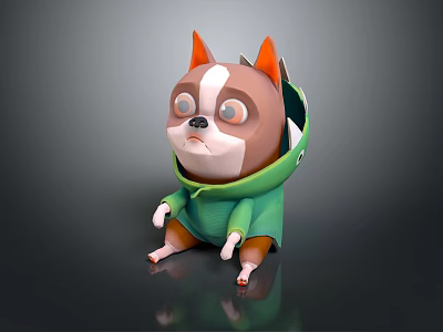 Sad Looking 3D Model Dog Wearing Green Hoodie Sitting On Reflective Black Surface 3d model