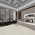 Hotel Public Lounge With Comfortable Sofas Chandeliers Decorative Paintings And Patterned Carpet 3d model