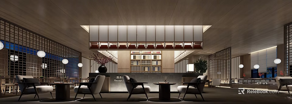 Modern Elegant Restaurant Interior With Wooden Bookshelf Leisure Seats And Green Plants 3d model 