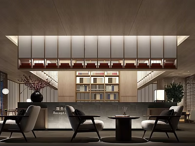 Modern Elegant Restaurant Interior With Wooden Bookshelf Leisure Seats And Green Plants 3d model