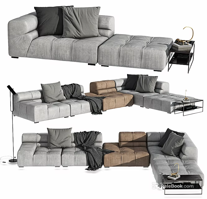 Gray And Brown Sectional Sofa With Soft Pillows Throw Blanket Side Table And Floor Lamp 3d model
