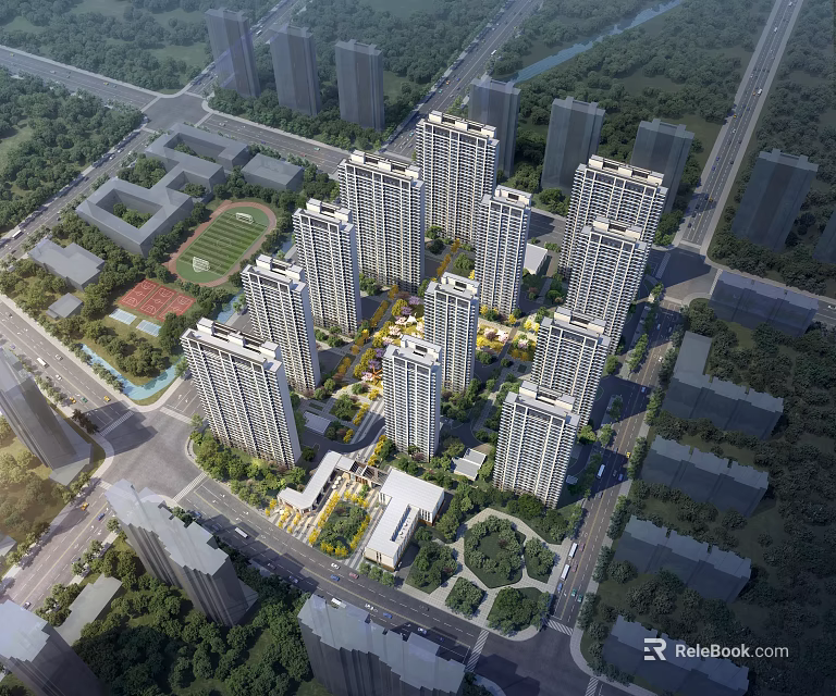 Aerial View Planning of High Rise Residential Complex With Green Spaces And Road Networks 3d model 