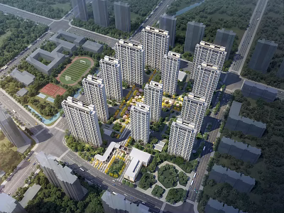Aerial View Planning of High Rise Residential Complex With Green Spaces And Road Networks 3d model