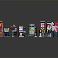 Various Colorful Arcade Game Machines Collection With Cartoon Character On Dark Background