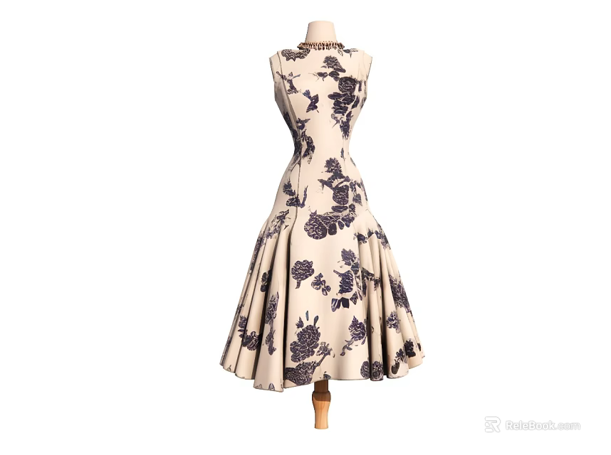 Beige Sleeveless Dress With Dark Floral Patterns And Fitted Waist Flared Skirt On Mannequin 3d model 