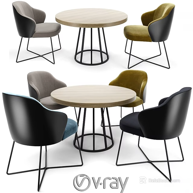 Modern Round Table And Multicolored Chairs Set With Wooden Top And Metal Legs 3d model 