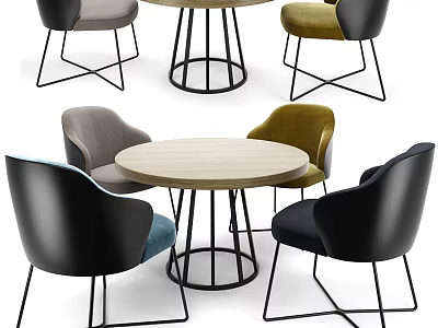 Modern Round Table And Multicolored Chairs Set With Wooden Top And Metal Legs 3d model