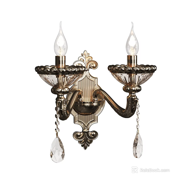 Elegant Wall Sconce With Gold Metal Frame Ornate Details And Crystal Pendants 3d model 