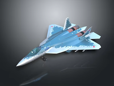Sleek Blue Camouflage Fighter Jet With Twin Engines Red Markings And Dark Surface Reflection 3d model