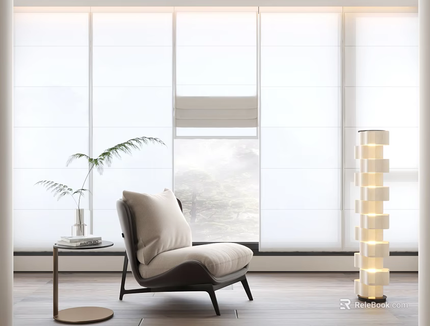 White Window Curtains In Modern Living Room With Natural Light Chair Plant And Floor Lamp 3d model 