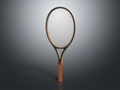 Tennis Racket Sports Equipment With Wooden Handle Metal Frame And String Pattern 3d model