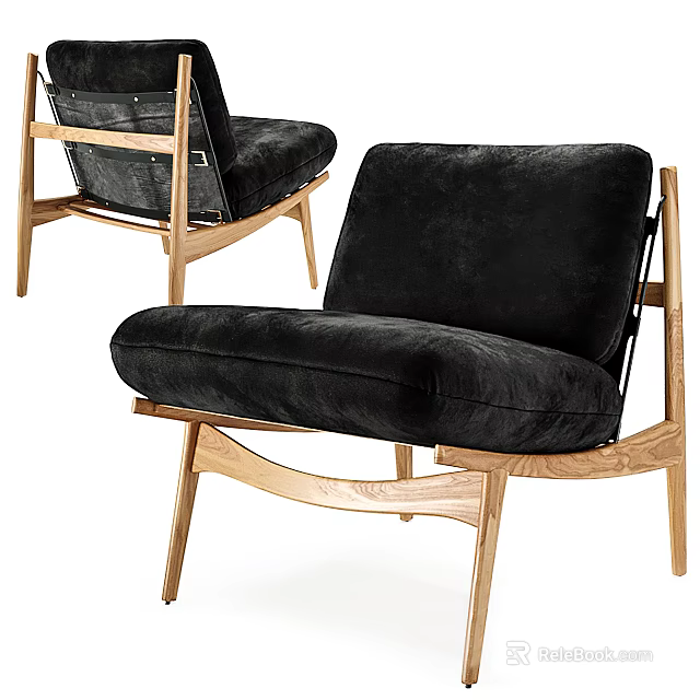 Modern Black Single Sofa With Soft Velvet Upholstery And Natural Wooden Frame Design 3d model 