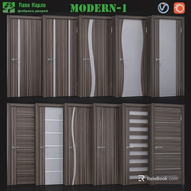 Modern Hinged Doors With Wooden Panels Glass Inserts And Vertical Stripes Design 3d model 