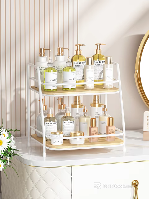Perfume and Cosmetics Organized on Double Layer White Shelf for Bathroom Vanity 3d model 