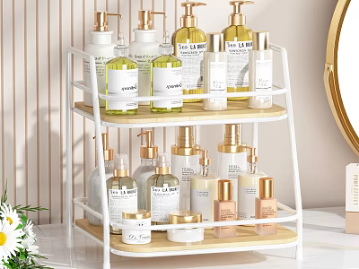 Perfume and Cosmetics Organized on Double Layer White Shelf for Bathroom Vanity 3d model