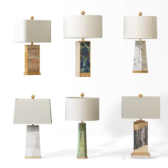 Elegant Table Lamps With Various Patterned And Marble Bases And White Lampshades 3d model
