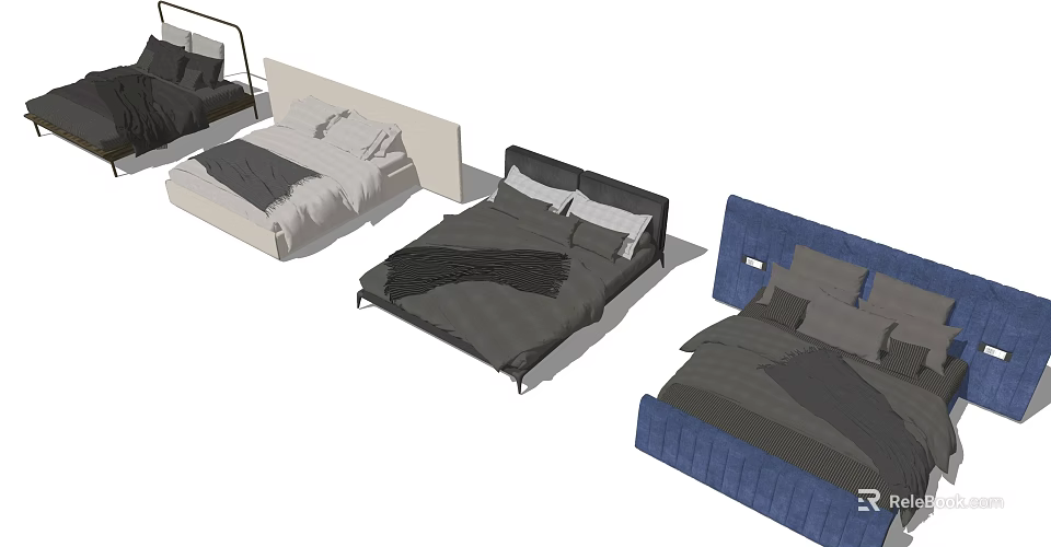 Modern Double Bed Styles With Upholstered Headboards Dark Bedding And Blue Frames 3d model