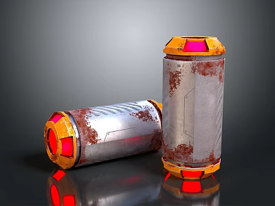 Rusted Metal Cylindrical Devices With Orange Top And Base Red Glowing Sections Standing And Lying 3d model