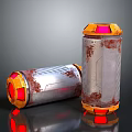 Rusted Metal Cylindrical Devices With Orange Top And Base Red Glowing Sections Standing And Lying
