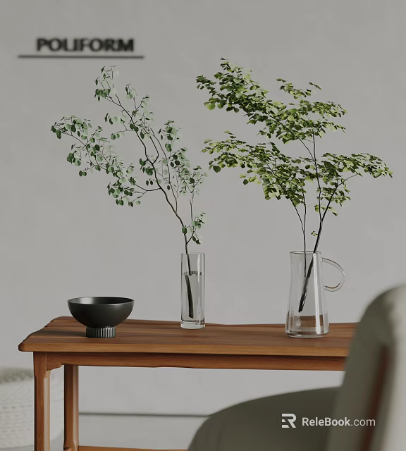 Transparent Glass Vases with Green Leafy Branches on Wooden Table and Black Bowl 3d model 