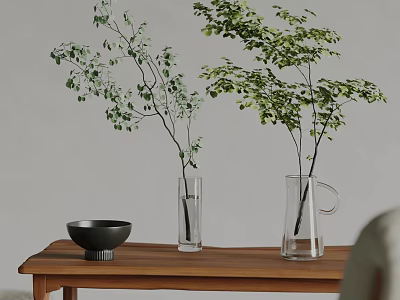 Transparent Glass Vases with Green Leafy Branches on Wooden Table and Black Bowl 3d model