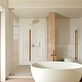 Luxurious Bathroom Interior With Wooden Vanity Mirror Open Doors Mountain View And Free Standing Bathtub