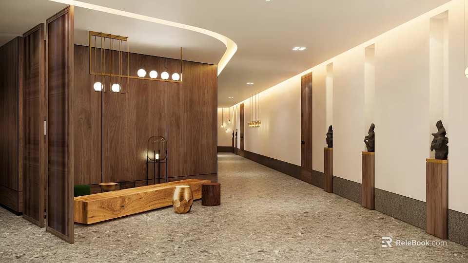 Modern Hotel Corridor Featuring Wooden Walls Curved Ceiling Hanging Pendant Lights And Sculpture Decor 3d model 