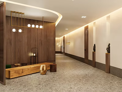 Modern Hotel Corridor Featuring Wooden Walls Curved Ceiling Hanging Pendant Lights And Sculpture Decor 3d model