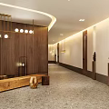 Modern Hotel Corridor Featuring Wooden Walls Curved Ceiling Hanging Pendant Lights And Sculpture Decor