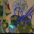 Amusement Park Scenic Area Featuring Blue Roller Coaster Green Trees Yellow Flowers And Observation Tower
