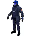 Man wearing dark blue uniform with Polizei blue helmet and face mask as police officer