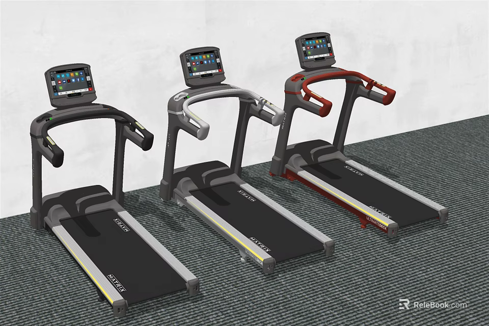 Three Colored Treadmills With Digital Screens And Armrests For Gym Use 3d model 