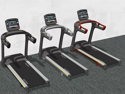 Three Colored Treadmills With Digital Screens And Armrests For Gym Use 3d model