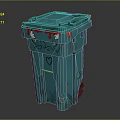 Blue Outdoor Trash Can With Red Graffiti White Figure And Wheels