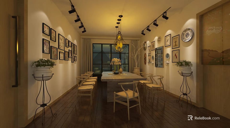 Modern Conference Room Interior With Long Table Chairs Decorative Paintings And Chandelier 3d model 