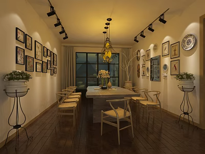 Modern Conference Room Interior With Long Table Chairs Decorative Paintings And Chandelier 3d model