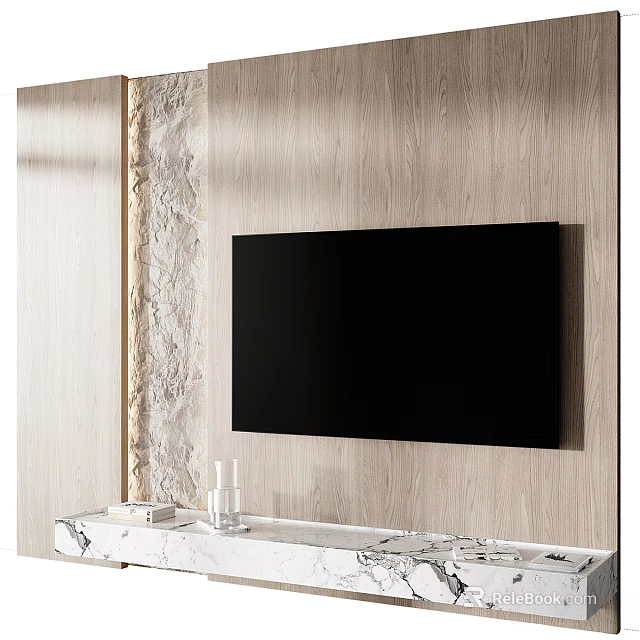 Modern TV Background Wall With Wooden Panel Stone Accent And Marble Console 3d model