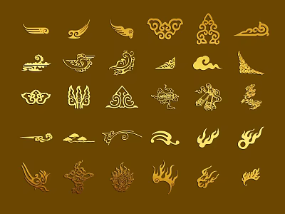 Golden Oriental Traditional Decorative Patterns With Cloud Flame And Animal Motifs 3d model
