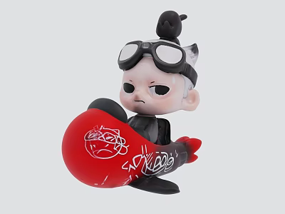Decorative Ornament Set With Doll Figure In Goggles And Red Graffiti-Patterned Object 3d model