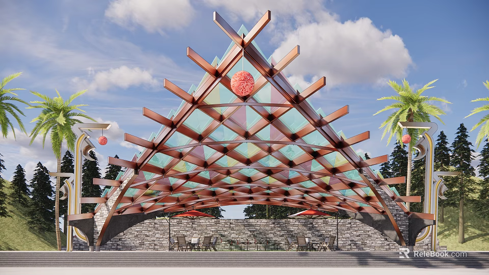 Wooden Glass Pergola With Triangular Roof Design Red Decorative Balls Palm Trees And Stone Wall 3d model 