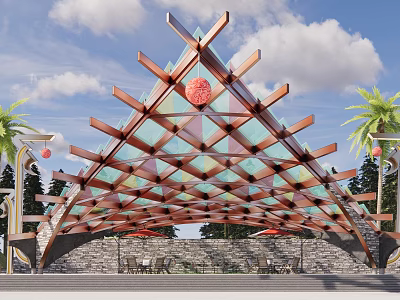 Wooden Glass Pergola With Triangular Roof Design Red Decorative Balls Palm Trees And Stone Wall 3d model