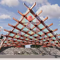 Wooden Glass Pergola With Triangular Roof Design Red Decorative Balls Palm Trees And Stone Wall