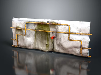 White Panel With Yellow Pipes Green Stains Red Device Metal Frame And Water Droplets 3d model