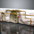 White Panel With Yellow Pipes Green Stains Red Device Metal Frame And Water Droplets